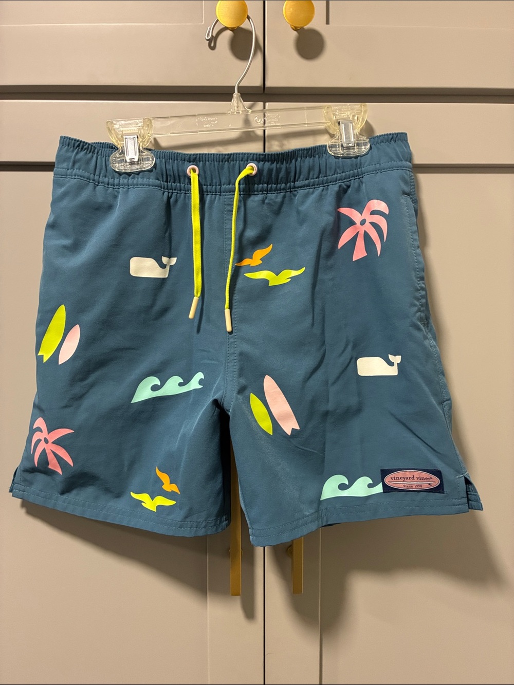 Vineyard Vines Teal Swim Trunks with Pastel Beach Prints